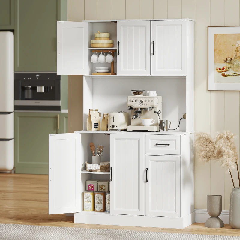 HOMCOM Armario de cocina, 180,5 cm, despensa, encimera, pasacables, estantes ajustables, MDF, Blanco