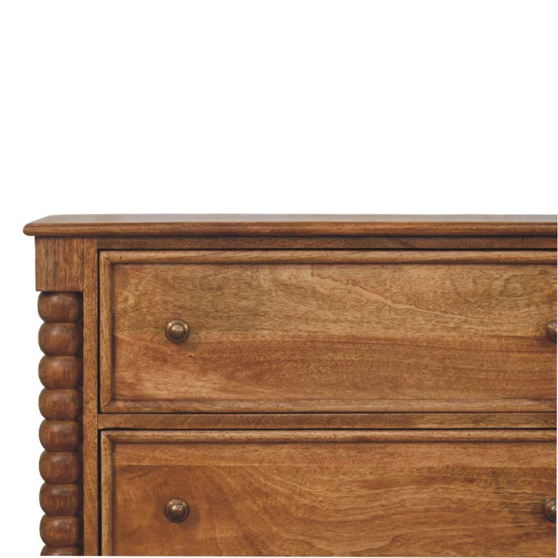 Solid Mango Wood Spindle Chest with 3 Drawers and Turned Spindle Legs, Bedside Cabinet with Ample Storage, 35L x 80W x 80H cm, Brown