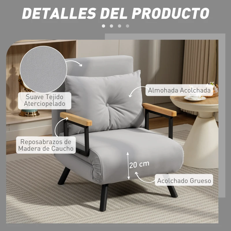HOMCOM Sofá Cama Individual Plegable Sofá Cama Convertible 4 en 1 Respaldo Ajustable de 5 Niveles y Almohada 63x73x81 cm Gris
