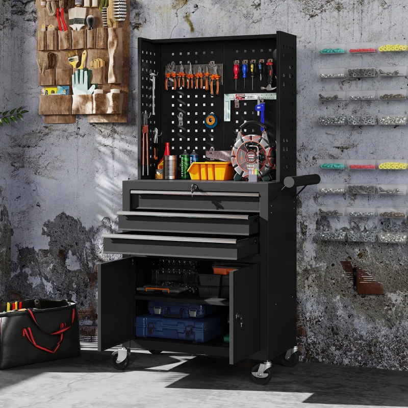 HOMCOM Carro de Herramientas con 3 Cajones Tabla de Pegboard Cerradura por Llave Estante Ajustable 2 Ruedas con Freno Negro