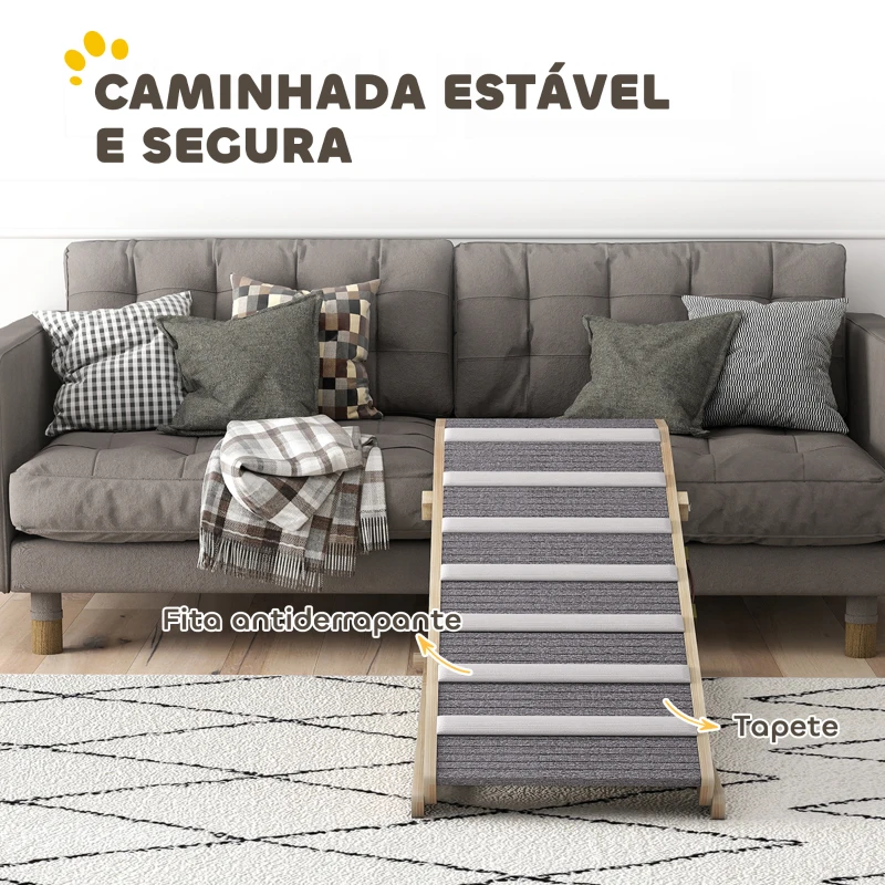 PawHut Rampa Dobrável para Cães com Altura Ajustável 35-50 cm e Tapete Antiderrapante 100x50x50 cm Madeira e Cinza