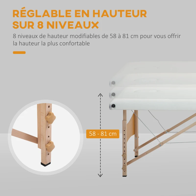 HOMCOM Table de massage pliante, lit de massage 2 zones, hauteur réglable, oreiller facial amovible, 186 x 60 x 58-81 cm, crème