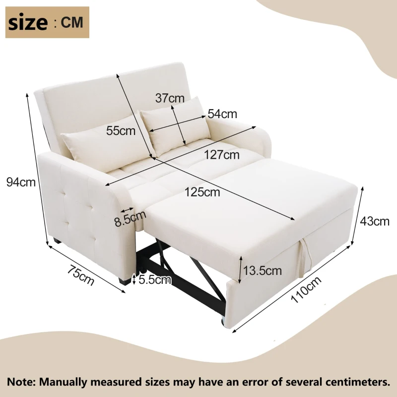 Multifunctional Folding Sofa Bed with Adjustable Backrest and 2 Cushions, Daybed Ideal for Small Flats, 127L x 75-180W x 94H cm, Off White