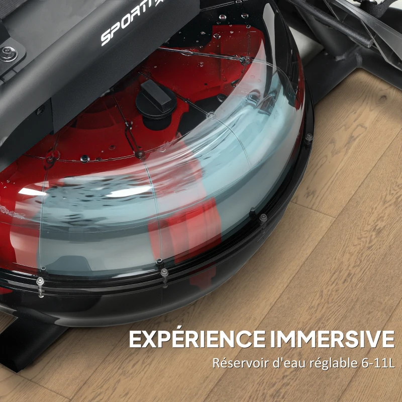 SPORTNOW Rameur à eau, rameur musculation d'appartement réservoir ajustable 6-11L écran LCD support de tablette 170x46x77cm noir