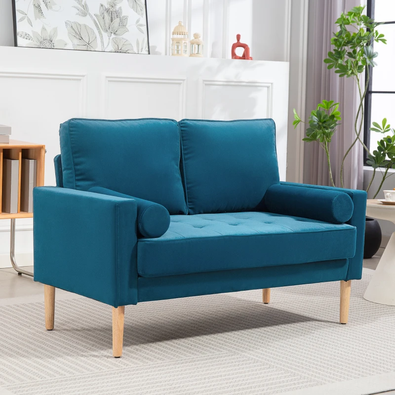 HOMCOM Canapé 2 places moderne en velours 127 cm avec coussins épais, 2 oreillers et assise capitonnée, bleu