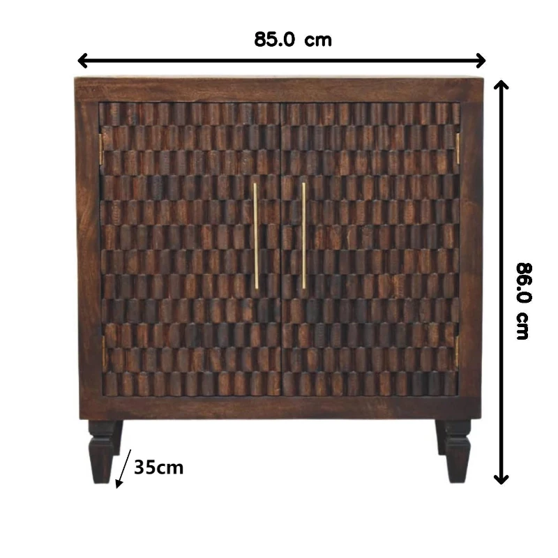 Solid Mango Wood Cabinet with 2 Doors and 2 Shelves, Textured Hand-finished Surface, Table with Playful Animal Carving, 35L x 85W x 86H cm, Brown