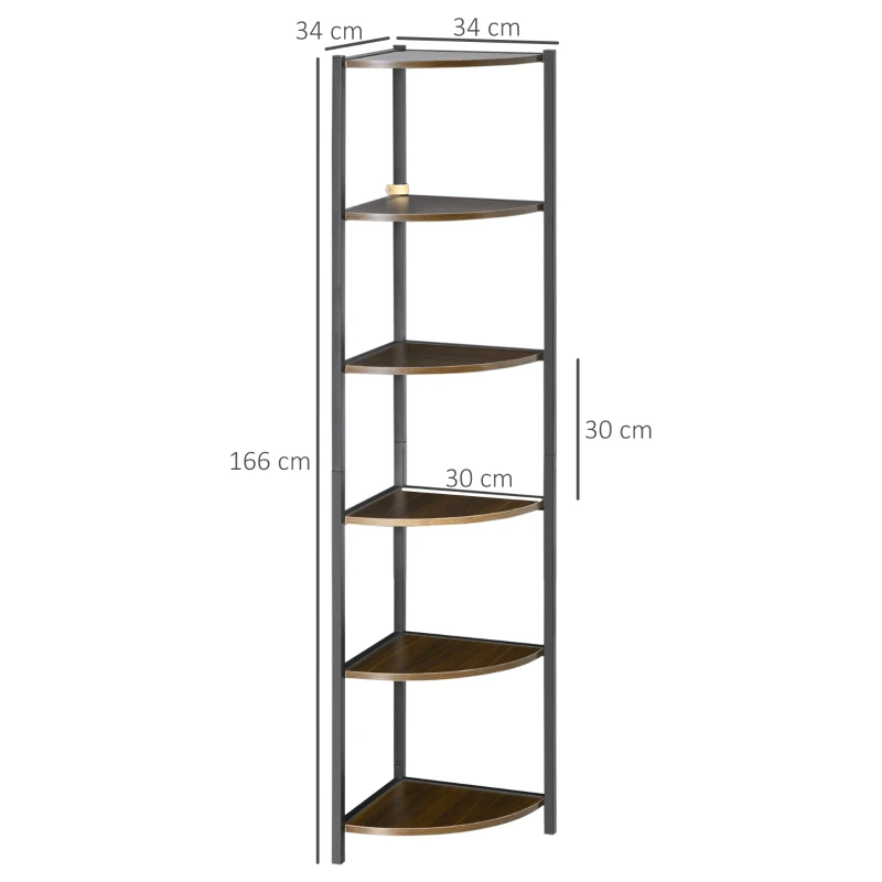 HOMCOM Estante de Canto 5 Níveis Estante de Canto Estrutura Metálica Estilo Industrial 34x34x166 cm Castanho Preto