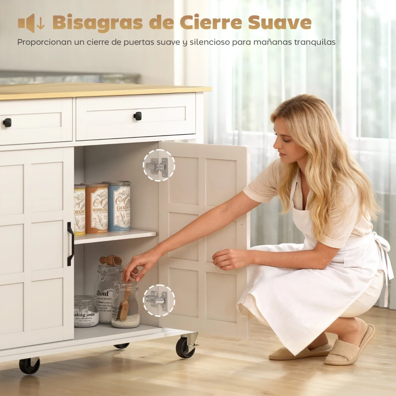 HOMCOM Isla de Cocina con Ruedas Encimera Plegable 2 Puertas con Cierre Suave 2 Cajones 6 Estantes Abiertos Blanco