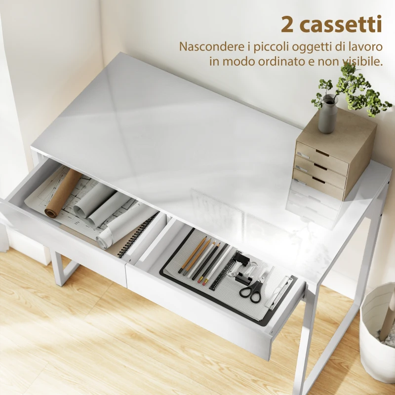 HOMCOM Scrivania Moderna con 2 Cassetti e Gambe in Acciaio, 100x50x75 cm, Bianco Lucido