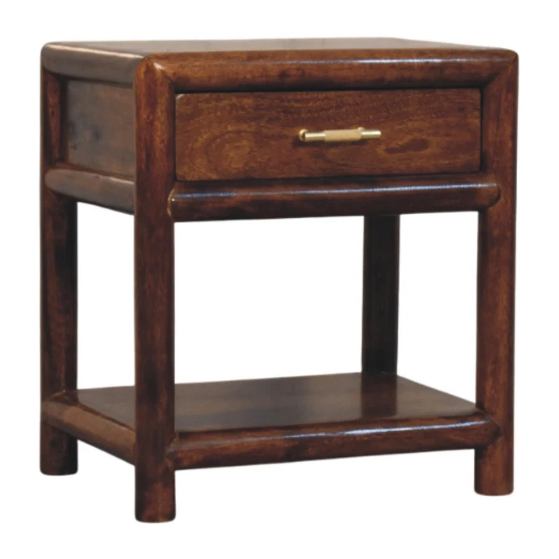 Solid Mango Wood Regency Nightstand with Drawer and Open Shelf, Hand‑finished Table for Living Room, 35L x 45W x 50H cm, Brown