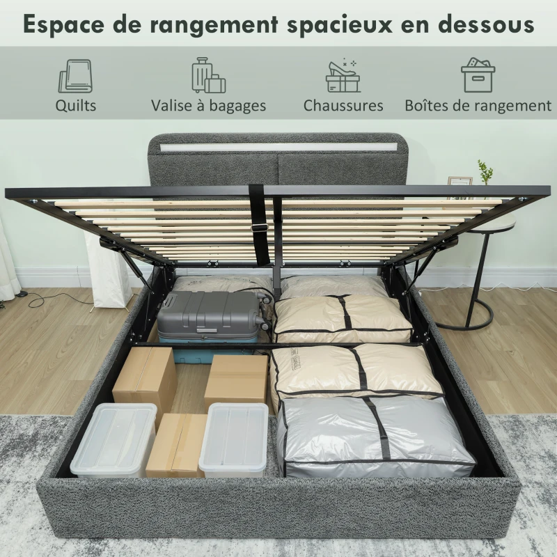 HOMCOM Lit coffre 140 x 190 cm avec éclairage LED, tête de lit réglable, cadre de lit double, sommier à lattes en bois, gris