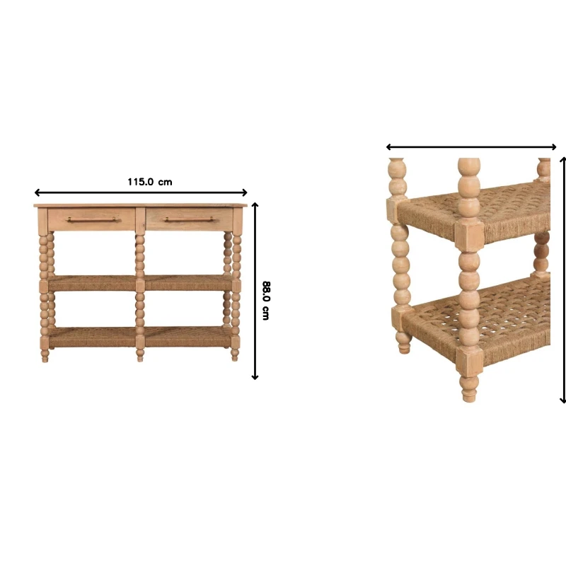 Solid Wood Savoy Bobbin Console Table with Shelves and 4 Shelves, Bedside Table with 2 Smooth-Gliding Drawers, 40L x 115W x 88H cm, Brown