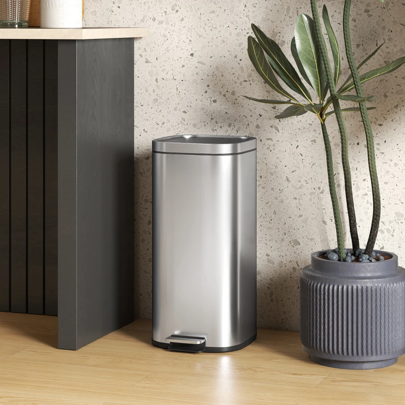 HOMCOM Lixeira de Cozinha 30L Lixeira com Pedal e Balde Interno Removível Tampa com Fechamento Suave 29x36x59,5cm Prata