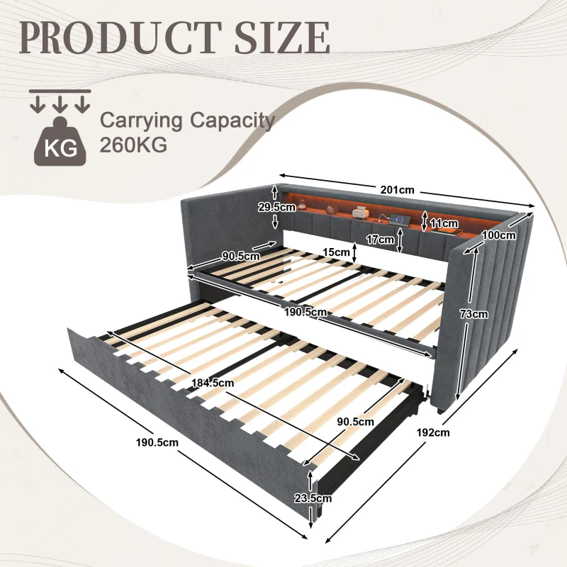 Space-Saving Pull-Out Double Bed with USB Type-C Charging and LED Lighting, Sleeper Sofa with Sturdy Wood, 201L x 100W x 73H cm, Dark Gray