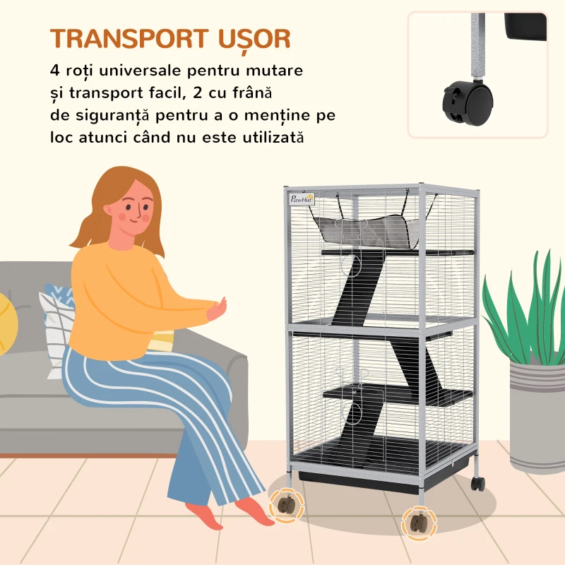 PawHut Cușcă pentru Rozătoare cu 3 Etaje, 4 Roți și Tavă Detașabilă Gri