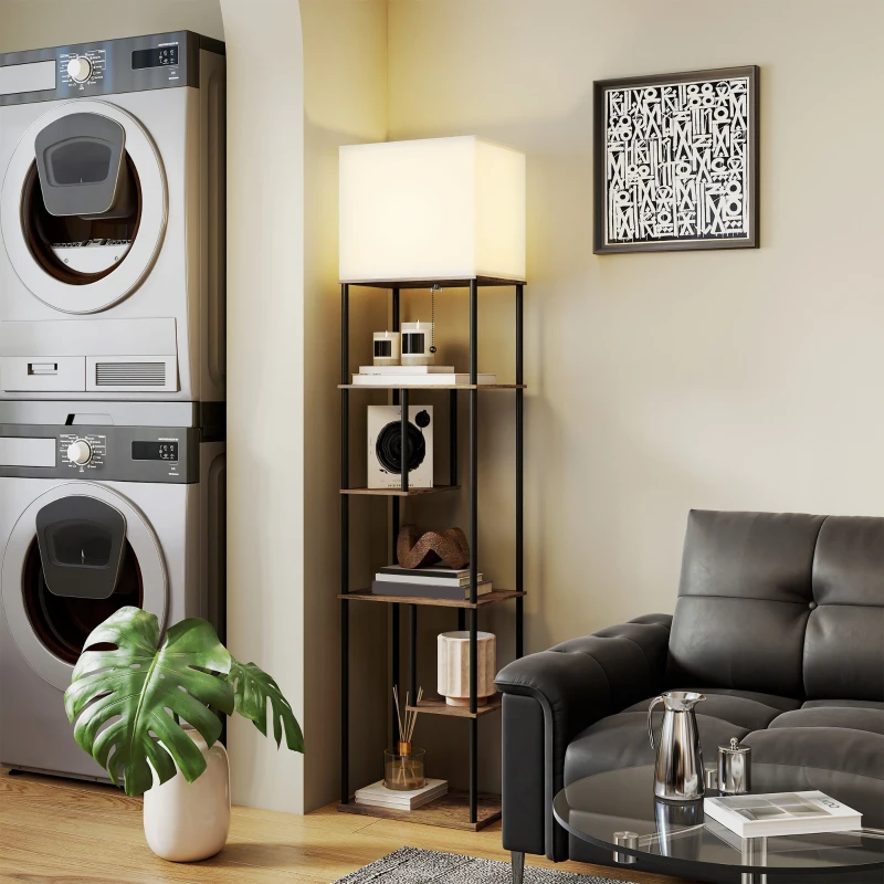 HOMCOM Lampadaire com Prateleiras Candeeiro de Pé para Sala Regulável Controle Remoto 40x29x171 cm Castanho e Preto