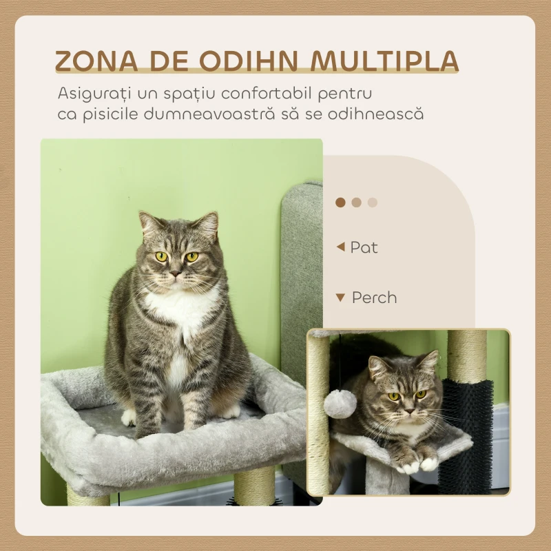 PawHut Ansamblu de Zgâriat cu Pătuț, Platformă, Perie și Stâlp din Sisal, 40x40x48 cm, Gri