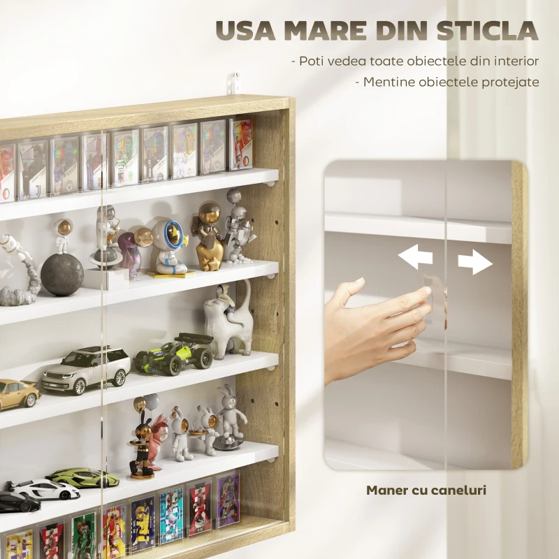 HOMCOM Raft de Perete cu 5 Nivele și Vitrină cu 2 Uși din Sticlă și 4 Rafturi Reglabile