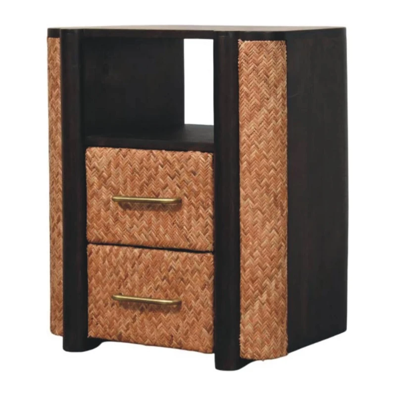 Solid Mango Wood Curved-Edge Rattan Bedside Table with 2 Drawers, Bedside Cabinet with Open Shelf, 40L x 50W x 60H cm, Brown