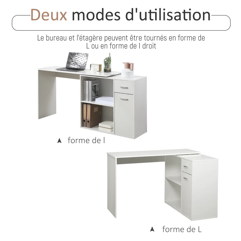 HOMCOM Bureau d'angle rotatif à 180°, bureau d'ordinateur, bibliothèque, tiroir, placard, poste de travail, 117x82x74cm, blanc