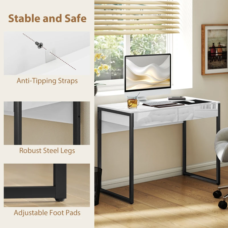 HOMCOM High Gloss Work Table, with Drawers - White