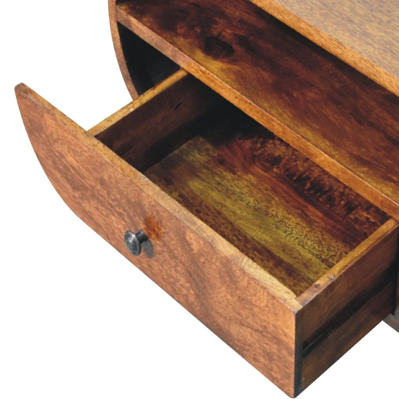 100% Solid Mango Wood Round TV Stand with 2 Smooth‑Gliding Drawers and Open Slot, Table for Living Room, 35L x 90W x 45H cm, Brown