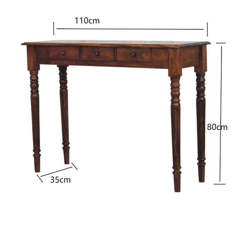 Solid Mango Wood 3-Drawer Console with Turned Legs, Ample Storage, Desk for Generous Organisation and Built to Last, 35L x 110W x 80H cm, Brown