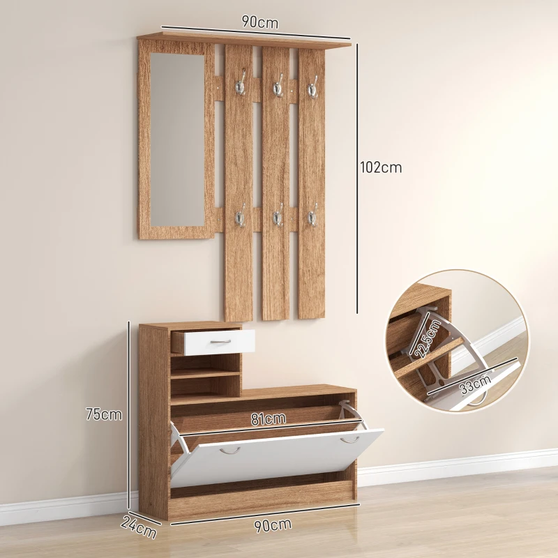 HOMCOM Mobile Appendiabiti 3 in 1 con Scarpiera e Specchio, Ganci e Cassetti, in Legno, 90x24x177 cm, Bianco e Noce