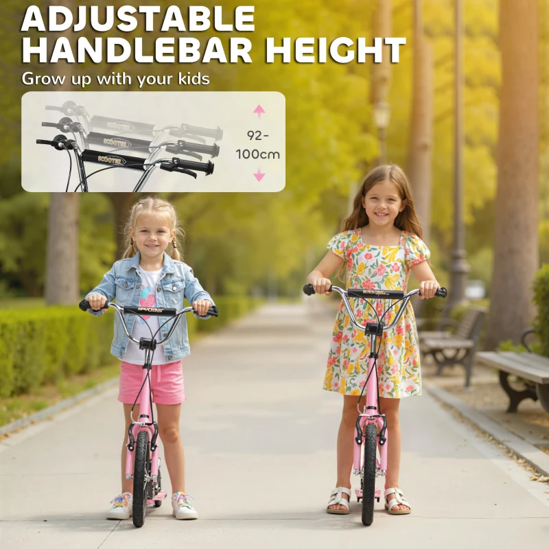 HOMCOM Kids Scooter, Teen Kick Scooter with Rubber Wheels, 16" Front Wheel, Height Adjustable Handlebar, Dual Brakes, Kick Stand, for 5+ Years, Pink