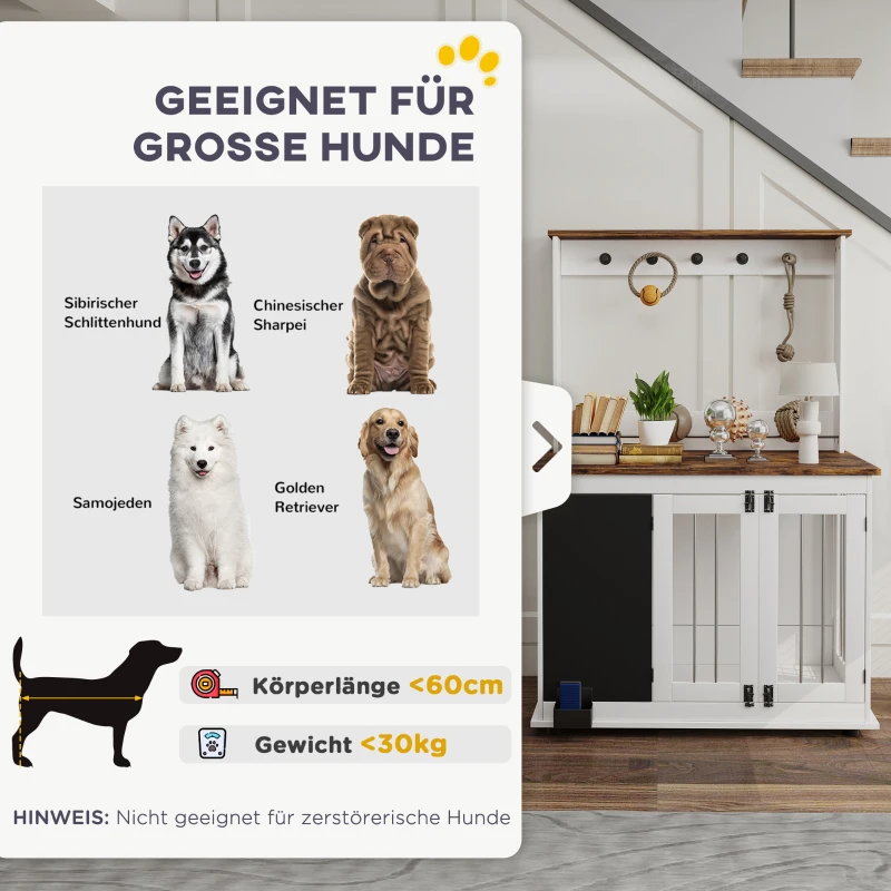 PawHut Hundebox mit Aufbewahrungsregal für Spielzeug, Haken für Leinen, Schreibtafel, Radiergummi, für große Hunde, Weiß(m-9)