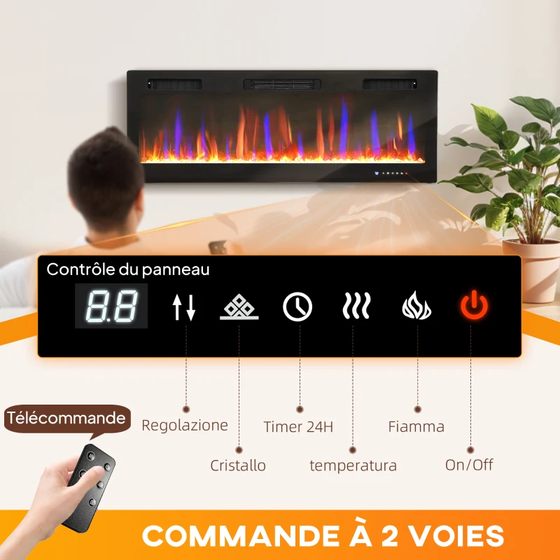 HOMCOM Cheminée électrique mural ou encastrable 900W/1800W, effet flamme à 12 couleurs 5 luminosités, 127 x 9,4 x 47 cm, noir