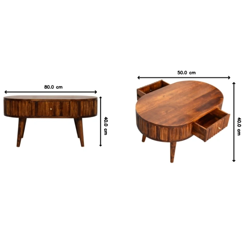 Solid Mango Wood Round Coffee Table with 2 Smooth-Gliding Drawers, Handcrafted Desk for Living Room, 50L x 80W x 40H cm, Brown