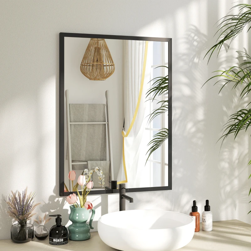 HOMCOM Specchio da Parete Rettangolare con Ganci, in Vetro e MDF, 60x80 cm, Nero