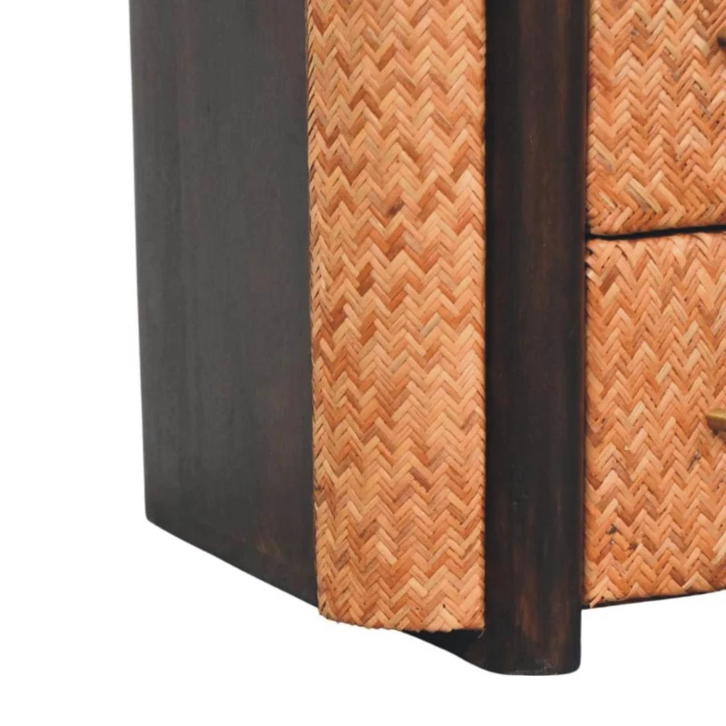 Solid Mango Wood Curved-Edge Rattan Bedside Table with 2 Drawers, Bedside Cabinet with Open Shelf, 40L x 50W x 60H cm, Brown