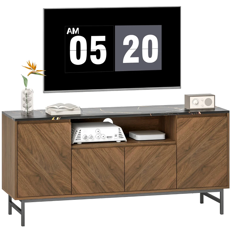 HOMCOM Meuble TV jusqu'à 65 pouces meuble télé bois avec compartiment ouvert et passe-câbles, effet marbre, 140x39x66cm, noyer