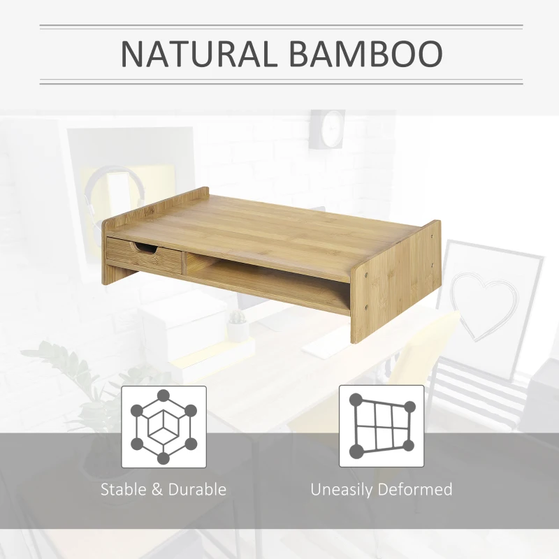 HOMCOM Monitor Riser Laptop PC Plinth Stand TV Computer Desktop Organiser W/ Drawer Bamboo