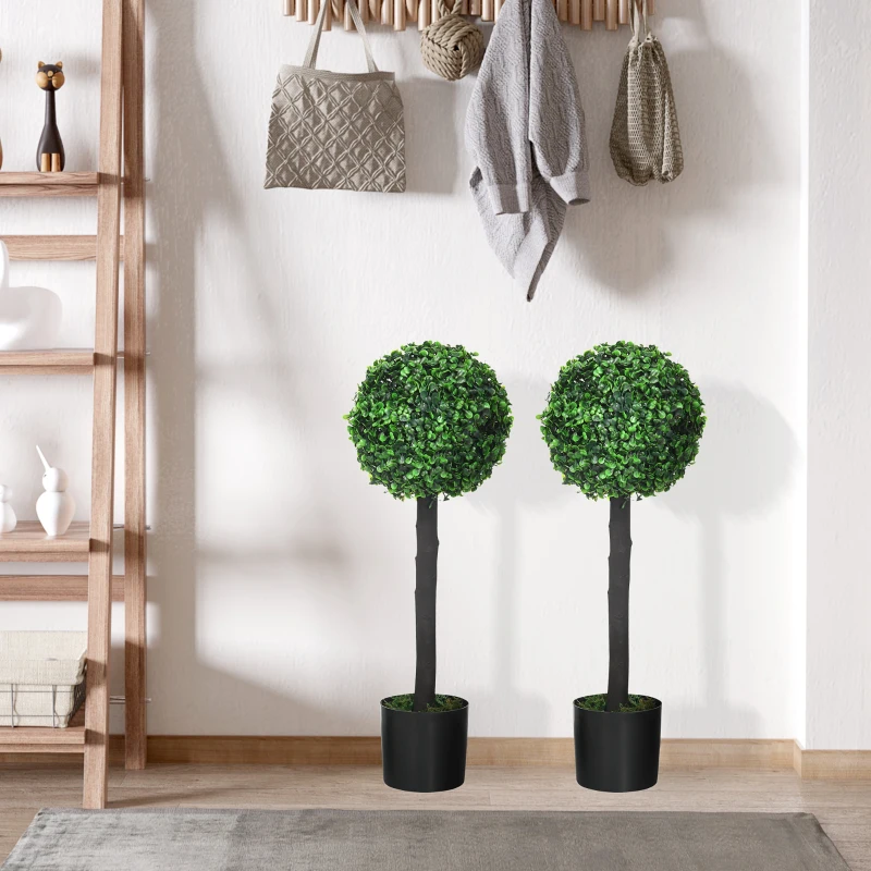 HOMCOM Set of 2 Artificial Plants Boxwood Ball Trees in Pot Fake Plants for Home Indoor Outdoor Decor, 20x20x60cm, Green