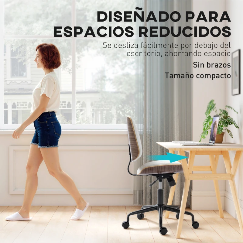 HOMCOM Silla de Escritorio sin Brazos Giratoria con Respaldo Curvado Asiento Forma U Altura Ajustable Basculante Blanco