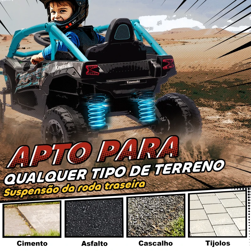 AIYAPLAY Carro Elétrico para Crianças 12V Kawasaki Teryx KRX 1000 com 2 Motores Faróis e USB 100x64x56 cm Azul