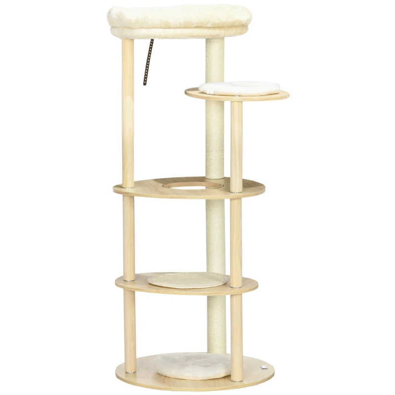 PawHut Árvore para Gato com Arranhador e Postes de Sisal Almofada Removível Plataforma Pelúcia e Madeira Altura 123,5 cm Bege