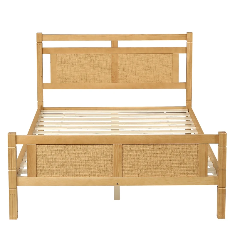 4ft6 Double Bed with Natural Timber Finish and MDF Back Panel, Upholstered Bed with Sturdy Plywood Slats, 199L x 142W x 98H cm, Natural