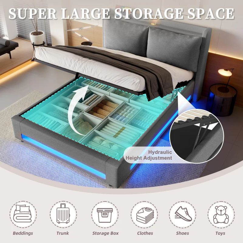 Modern Upholstered Bed with Headboard Shelf and Dual USB‑C Ports, Double Bed with LED Lighting, 142.5L x 200W x 114H cm, Dark Gray