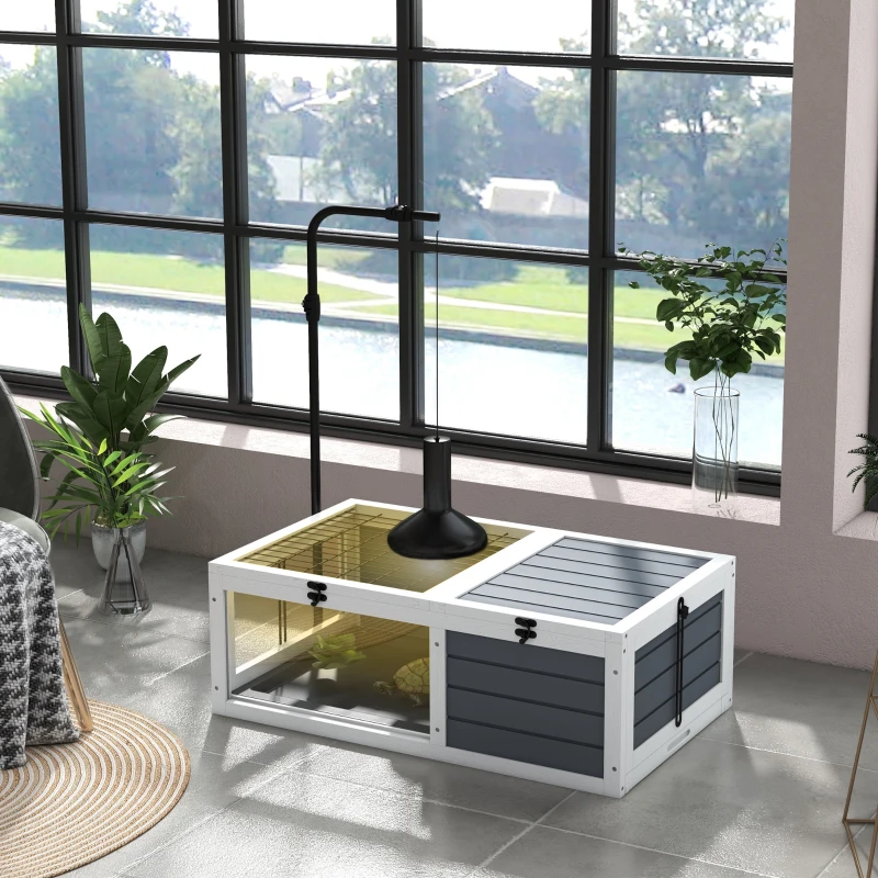 PawHut Terrario para Reptéis Casa para Tartarugas com 2 Espaços Suporte de Lâmpada Ajustável 81x48x31,5 cm Cinza