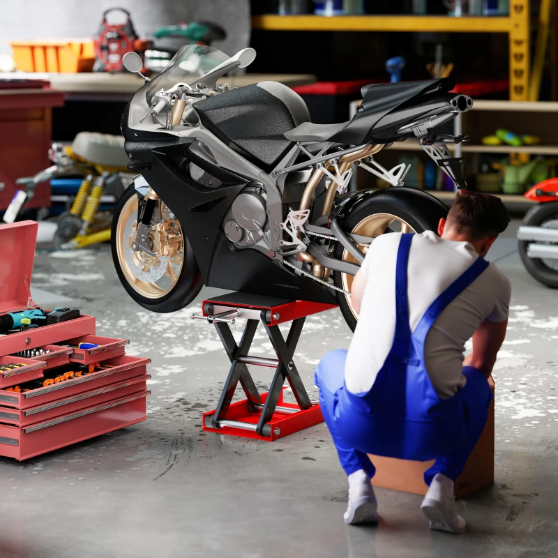 HOMCOM Lève moto béquille d'atelier stand moto tout-terrain moto cross supermotard hauteur réglable 10-37H cm acier charge max. 500 Kg rouge et noir