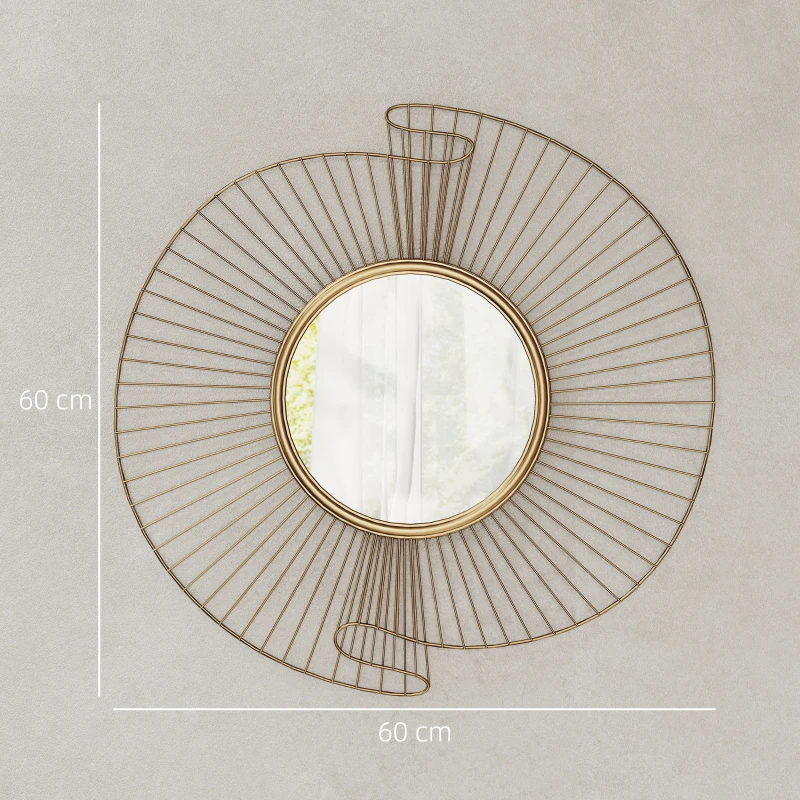 HOMCOM Miroir décoratif rond 60 cm avec fixation à 360°, décoration murale en métal moderne avec détails plissés, doré