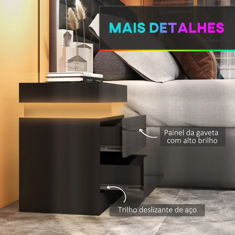HOMCOM Mesa de Cabeceira com Luz LED Painel de Alto Brilho 2 Gavetas e Controlo Remoto para Dormitório 45x35x52 cm Preto