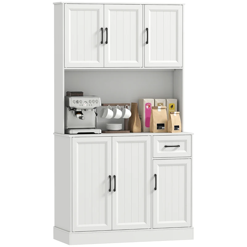 HOMCOM Armario de cocina, 180,5 cm, despensa, encimera, pasacables, estantes ajustables, MDF, Blanco