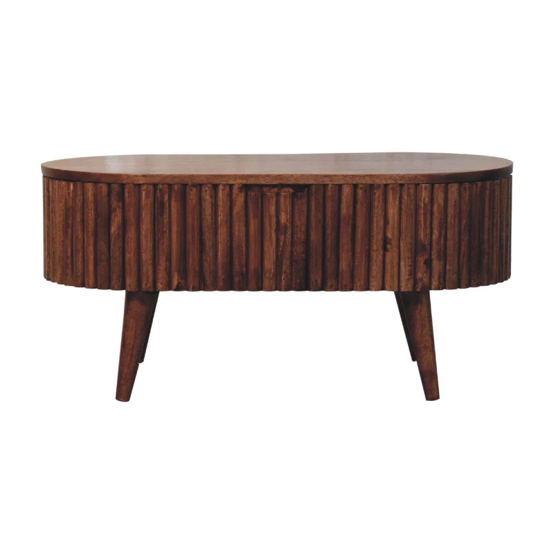 Solid Mango Wood Round Coffee Table with 2 Smooth-Gliding Drawers, Handcrafted Desk for Living Room, 45L x 85W x 38H cm, Brown