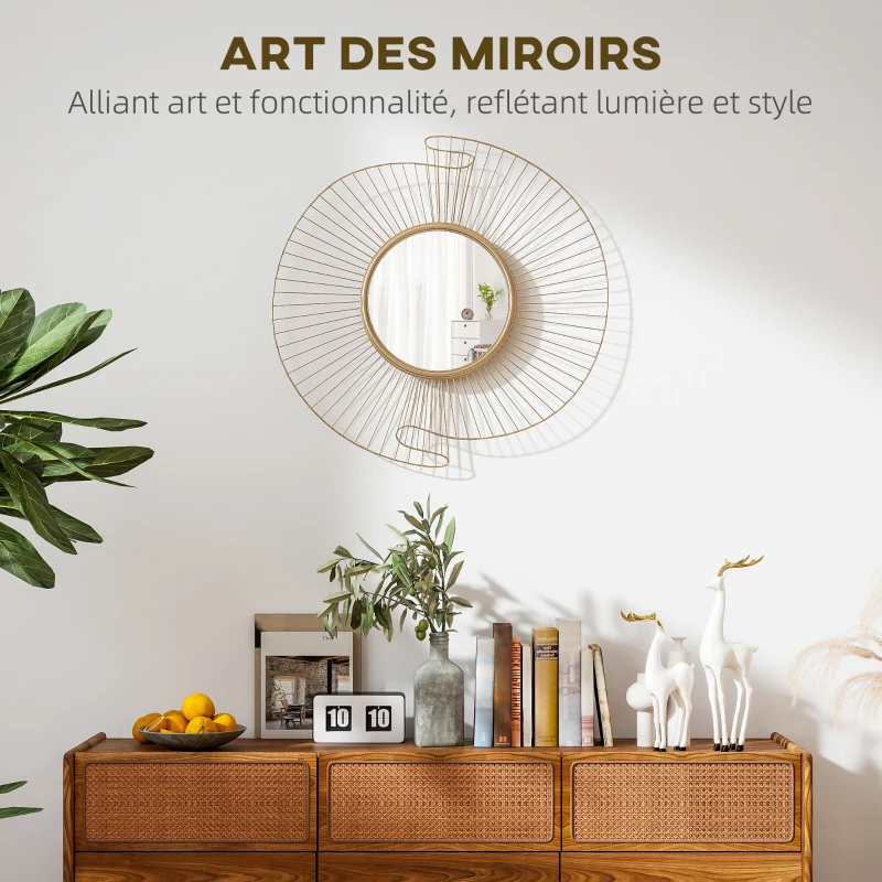 HOMCOM Miroir décoratif rond 60 cm avec fixation à 360°, décoration murale en métal moderne avec détails plissés, doré