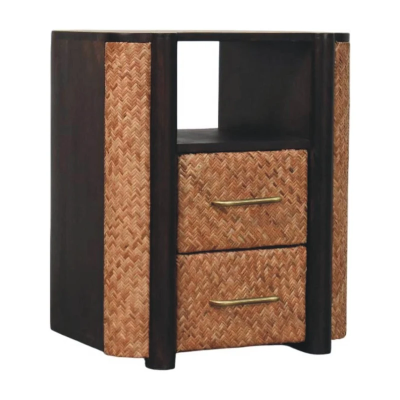 Solid Mango Wood Curved-Edge Rattan Bedside Table with 2 Drawers, Bedside Cabinet with Open Shelf, 40L x 50W x 60H cm, Brown